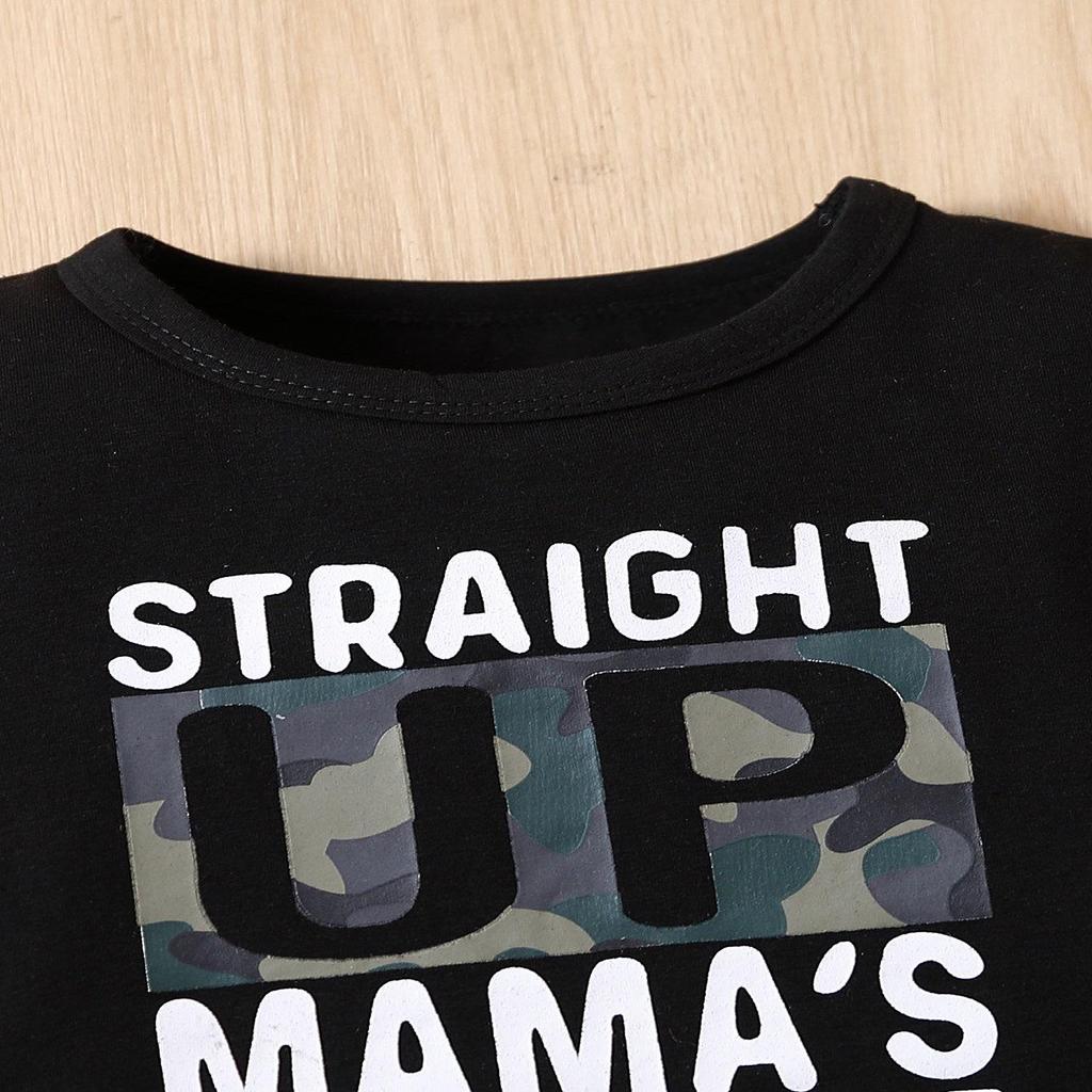 Boys' Summer Outfit: Letter Print Tee & Camo Shorts Set - European and American Style.