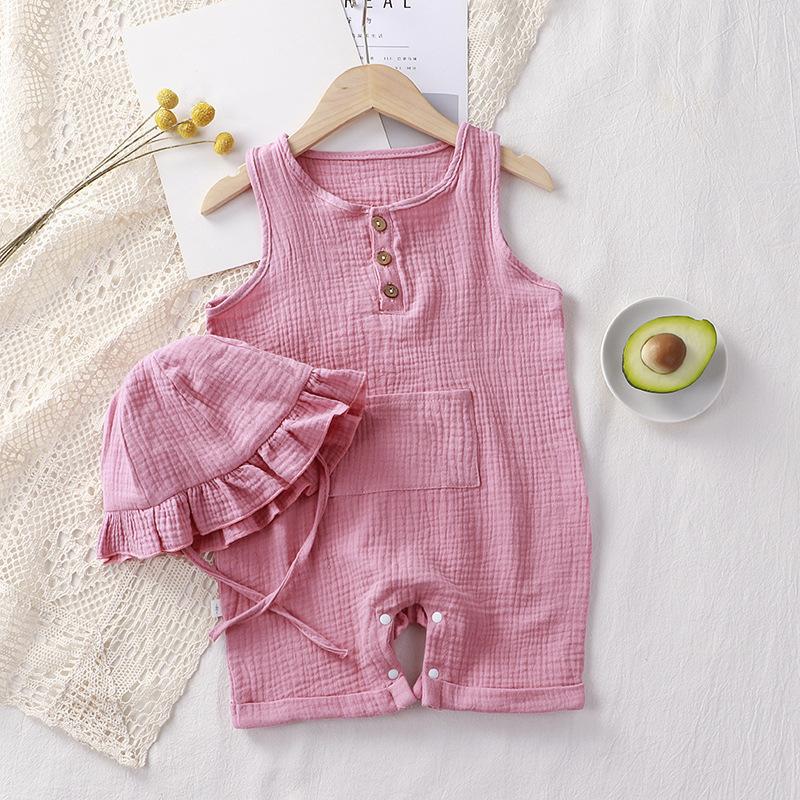 Tutina estiva per neonato in mussola con cappello in morbido cotone per bambina, ragazzo, vestiti senza maniche, pagliaccetto per bambini, abbigliamento per neonato