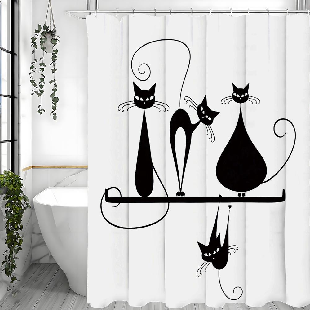 Black Cartoon Cat Shower Curtain, Bathroom Decorative Shower Curtain, Waterproof Shower Curtain with Hooks