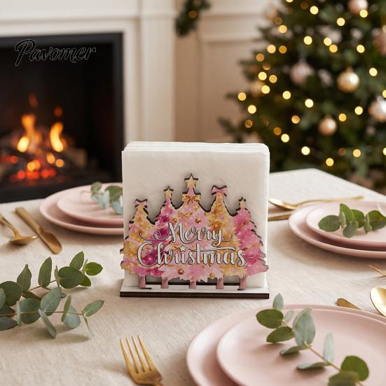 Kitchen Bar Counter Decoration Wooden Christmas Napkin Holder, Gnome/Christmas Tree/Snowman Shape, Pink Solid Wood Dispenser Stable Organizer
