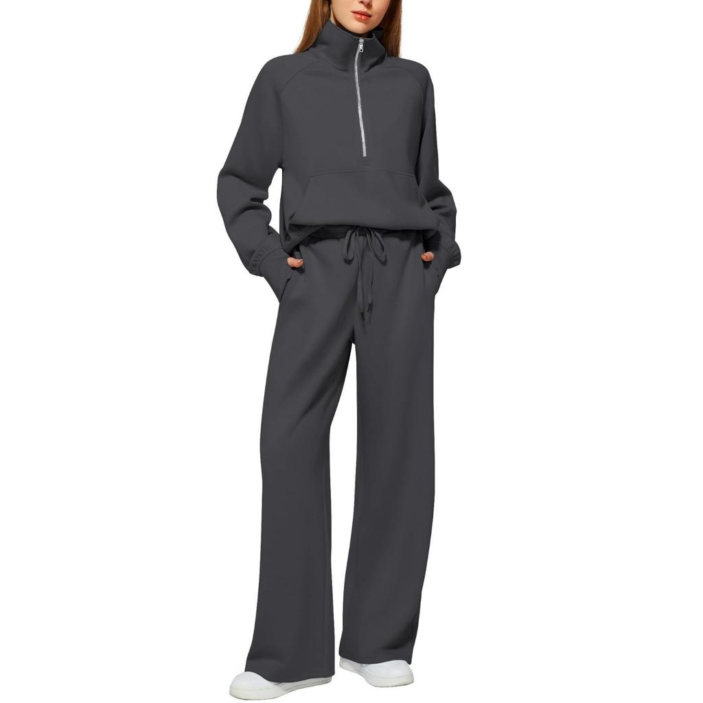 2025Women Coat Pants Set Stand Collar Long Sleeve Zip-up Elastic Cuff Jacket Drawstring Stretchy High Waist Wide Leg Trousers Sport Tracksuit