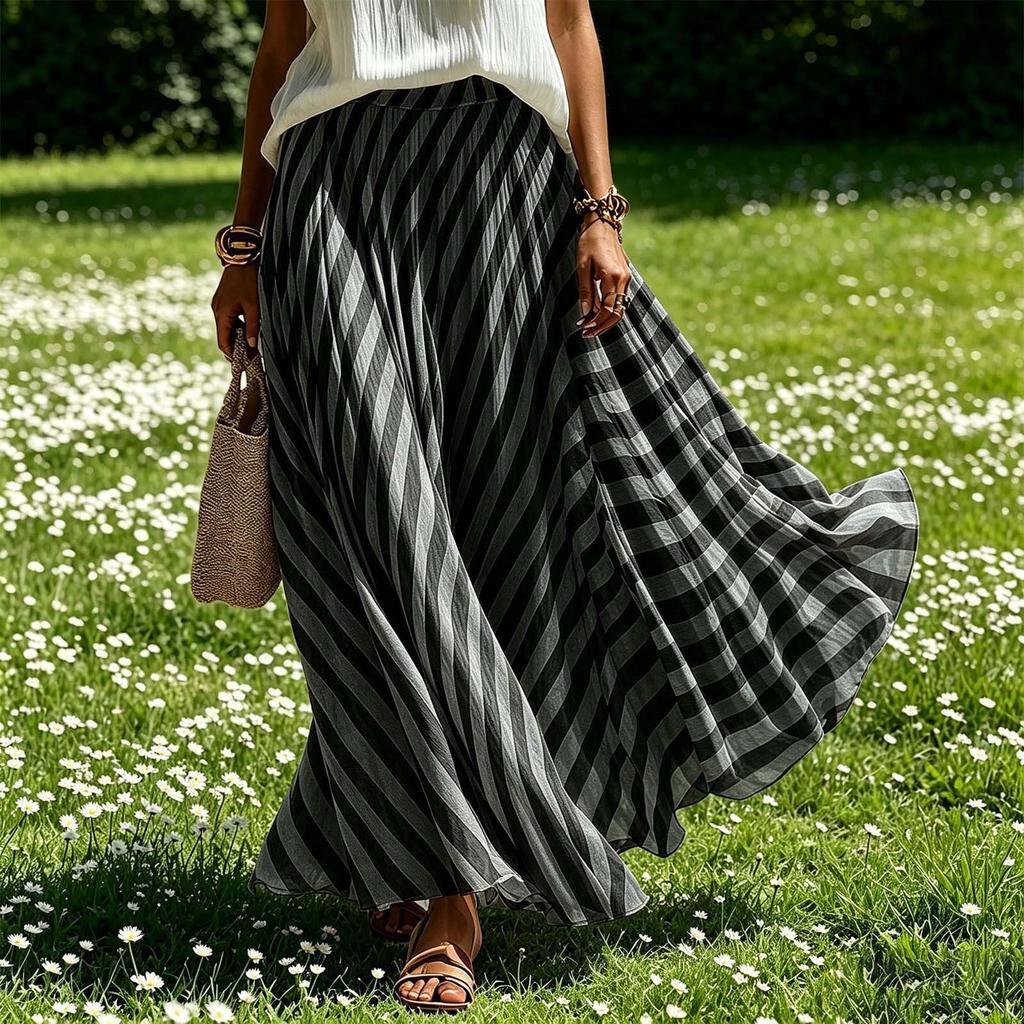 Women's Casual High Waist Pleated A-Line Maxi Skirt Striped Pattern Lightweight Flowing Fabric Comfortable Fit