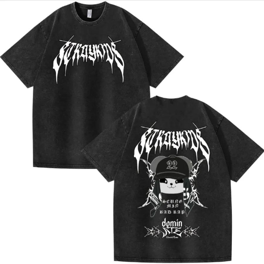 2026 KPOP DominATE Tour FELIX BANGCHAN CHANGBIN HYUNJIN HAN LEE KNOW Vintage Washed T Shirt Casual Cotton Short Sleeve Graphics Tees