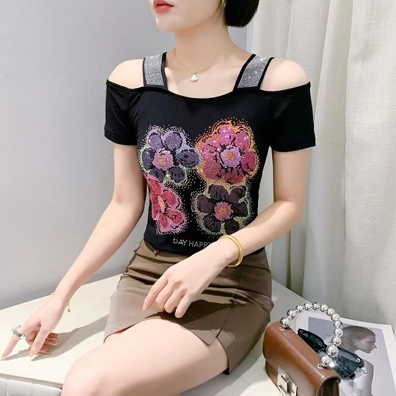 TrendHub Sexy Off Shoulder T Shirt for Women Luxury Flower Diamonds Short Sleeve Tee Summer Fashion Womens Mesh Tee Shirts Top