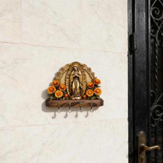 Płaski wieszak na klucze na ścianę 2D Matka Boska Dom na wsi Religijna sztuka ścienna z 4 metalowymi haczykami do przedpokoju, korytarza Rustykalne chrześcijańskie prezenty dla rodziny i przyjaciół