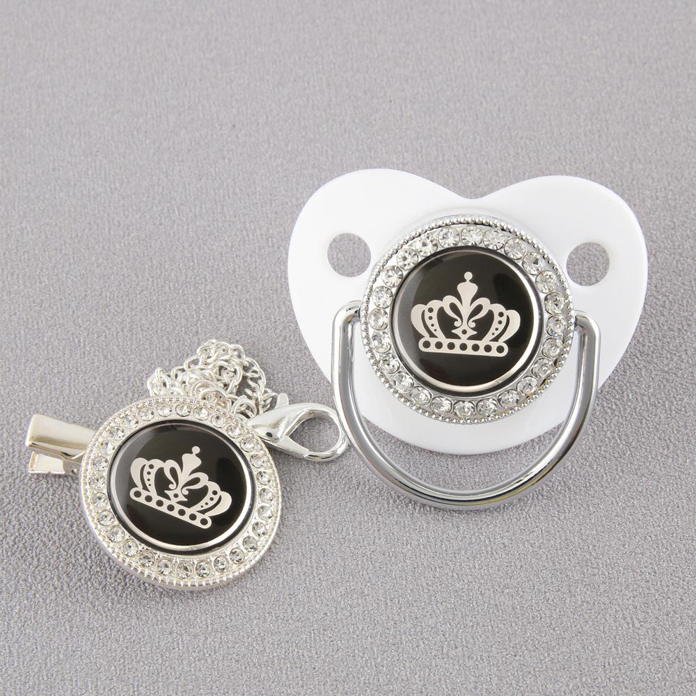High-End Gold Diamond Baby Pacifier with Cartoon Crown and Chain Clip