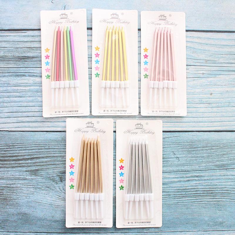 Creative Gold-plated Pencil Long Birthday Cake Candles, 6-pack Romantic Party Gold and Silver Candles with Sucking Cards