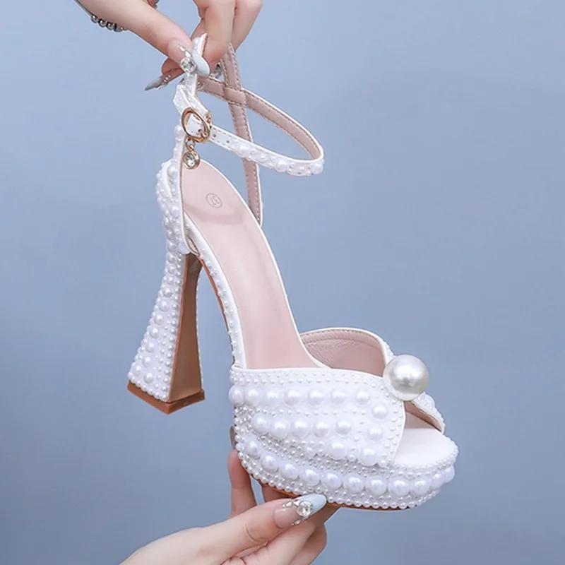 Fashion 2025 New 13cm Handmade Luxury Pearls Thick Heeled Peep toe Women Sandals Summer Fashion Wedges High heels Wedding Banquet Shoes