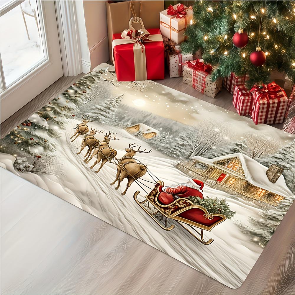 Santa Claus Reindeer Sleigh Doormat, Snowy Winter Scene with Cozy Cabin Design, Machine Washable Christmas Mat for Holiday Decor
