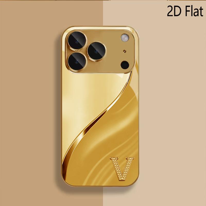 Golden V Patterned Tempered Glass Design for iPhone16 17 ProMax 1514 1312 11ProMax Phone Case Camera Cover Shockproof Hard Back