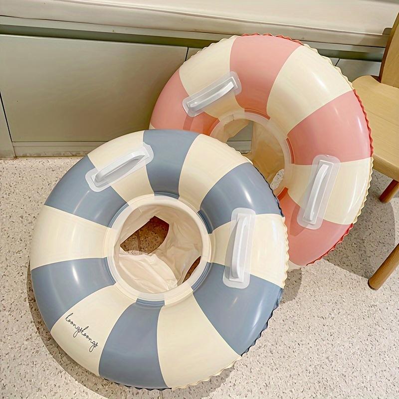 Youngsters' Vintage Striped Swimming Ring with Handles - Durable Thick PVC, Blue & Pink