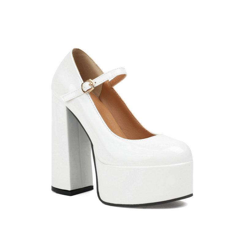 

One-word women s high heels patent leather round head waterproof platform thick-soled thick heel super high heel Mary Jane women s single shoes high 39