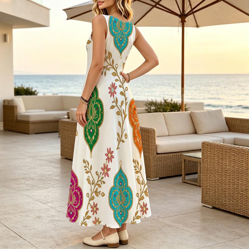 Women's Minimalist Floral Sleeveless Flowy Beach Maxi Dress,Lightweight Elegant Long Dress for Vacation & Daily Wear