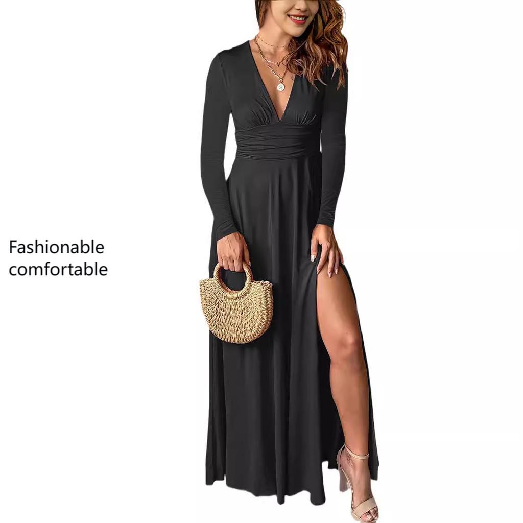 Sukienka damska z głębokim dekoltem w serek i długim rękawem, plisowana, z wysokim stanem i rozcięciem, na imprezę klubową