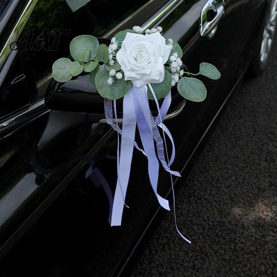 All In One Car Decoration Wedding Door Handle Flower with Ribbon Tie And Green Leaves, White Artificial Full Set Trim Rose Rearview Mirror Bouquet for