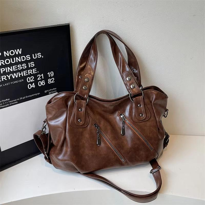Vintage PU Leather Large Capacity Tote Rivet Zip Pockets Shoulder Cross body Bag Unisex Women Daily Travel Handbag