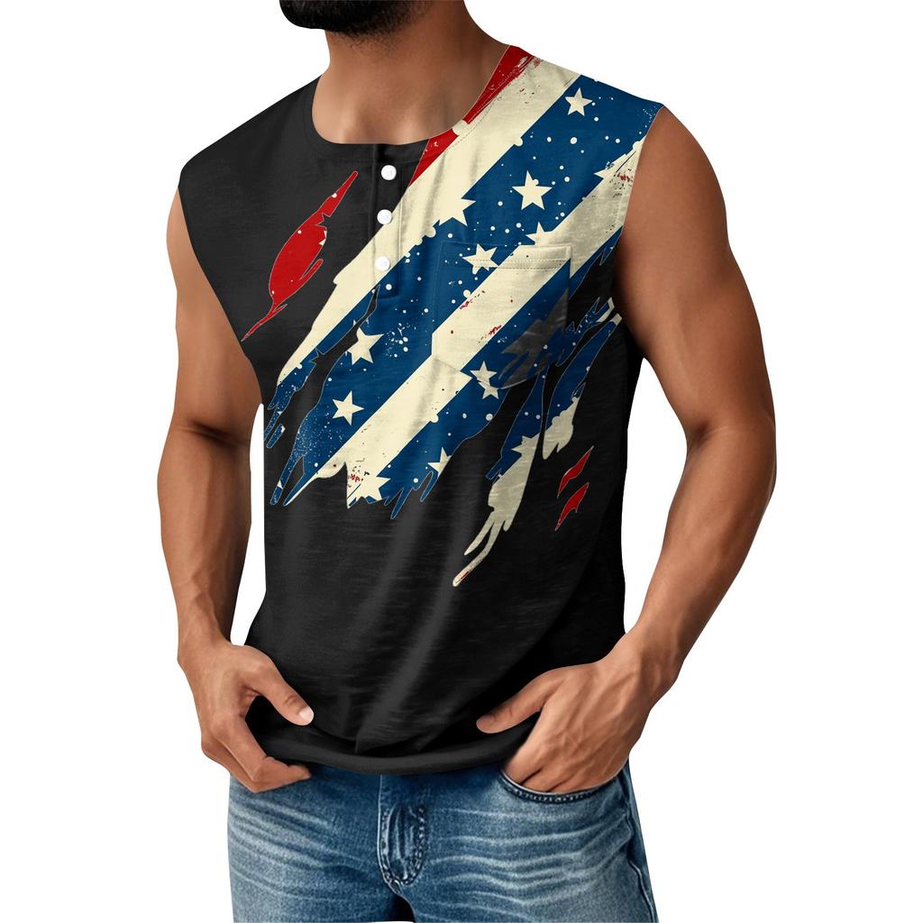 Herre Sommer Uavhengighetsdagen Trykt Sport Knapp Lomme Ermeløs Tanktopp