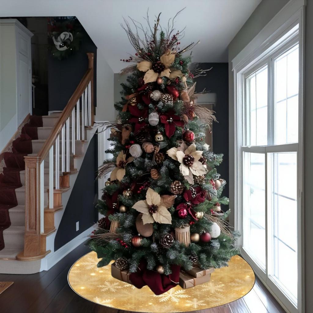 Golden Snowflake Christmas Tree Skirt With Golden Glitter Snowflake Winter Holiday Decoration Christmas Atmosphere Tree Skirt