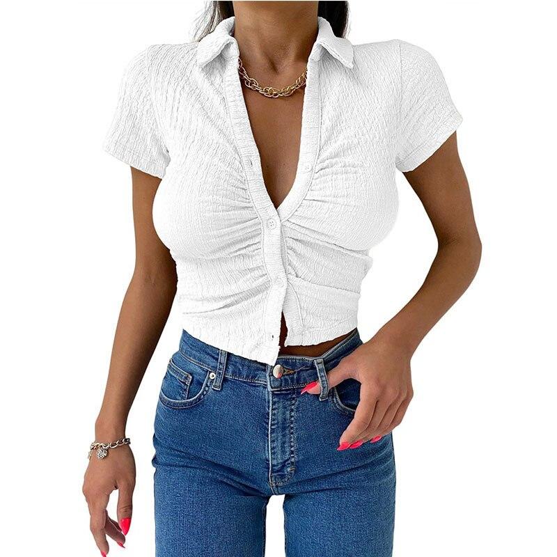 Knopf Kurzarm Slim T-Shirts 2023 Mode Sommer Sexy Crop Top Damen Y2k Streetwear T-Shirt Koreanisch Stilvoll Korsett Blusen 26330