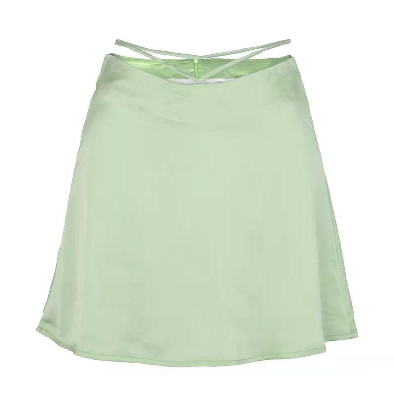 

2022 New Solid Color Sexy Satin Fashion Crop Tie Zip Skirt Green L