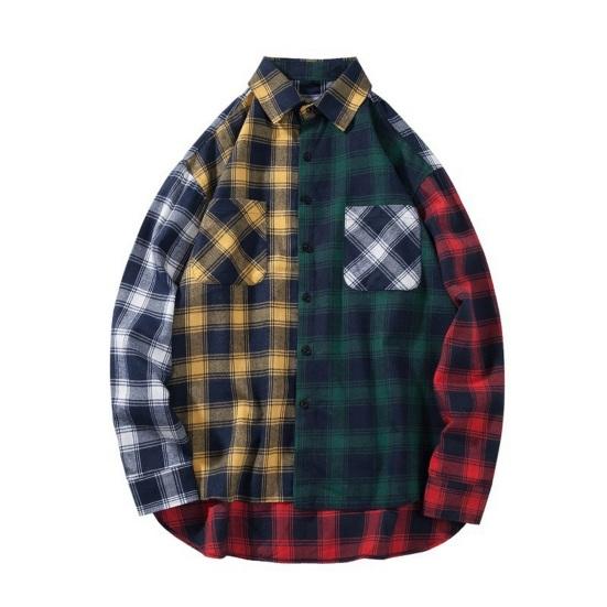 Men Spring Shirt Colorblock Plaid Print Single-breasted Loose Long Sleeve Lapel Buttons Streetwear Casual Cardigan Shirt Coat