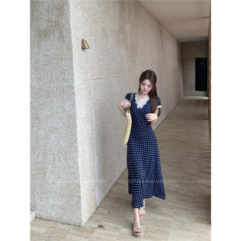 Retro niche design sense lace edge polka dot v-neck dress women s summer waist high-end sense a-word long dress S