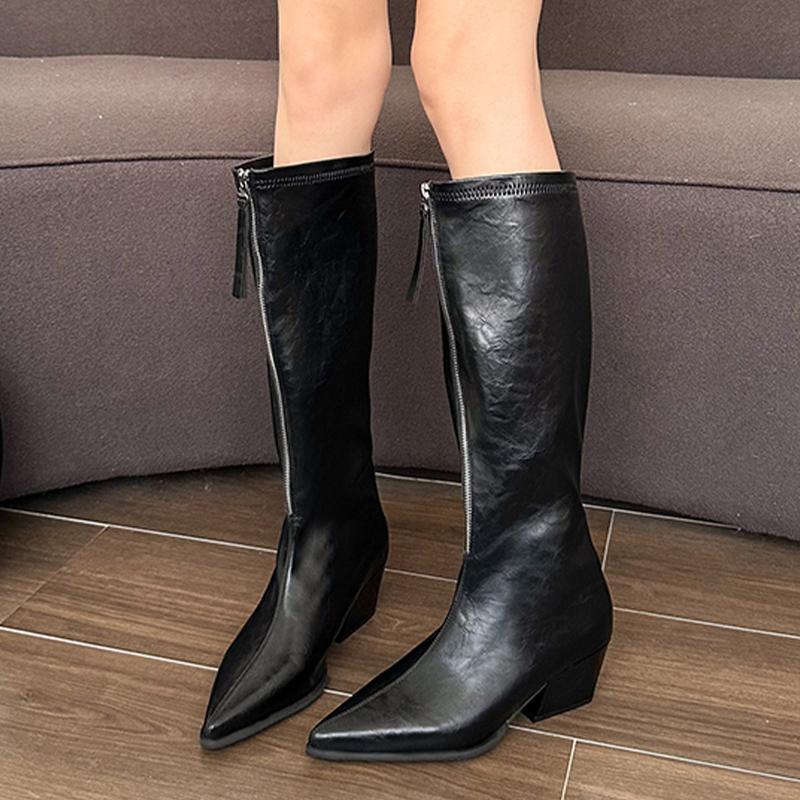 

Зимние женские высокие сапоги с острым носком на среднем каблуке массивные туфли Зимние модные дизайнерские туфли Mew Brand 2025 на молнии готические туфли Botas Mujer 42 чёрный