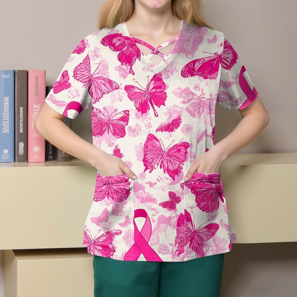 Dámská móda V-výstřih Krátký rukáv Kombinézy Kapsa s dvojitou vrstvou Tištěná trička Oblečení