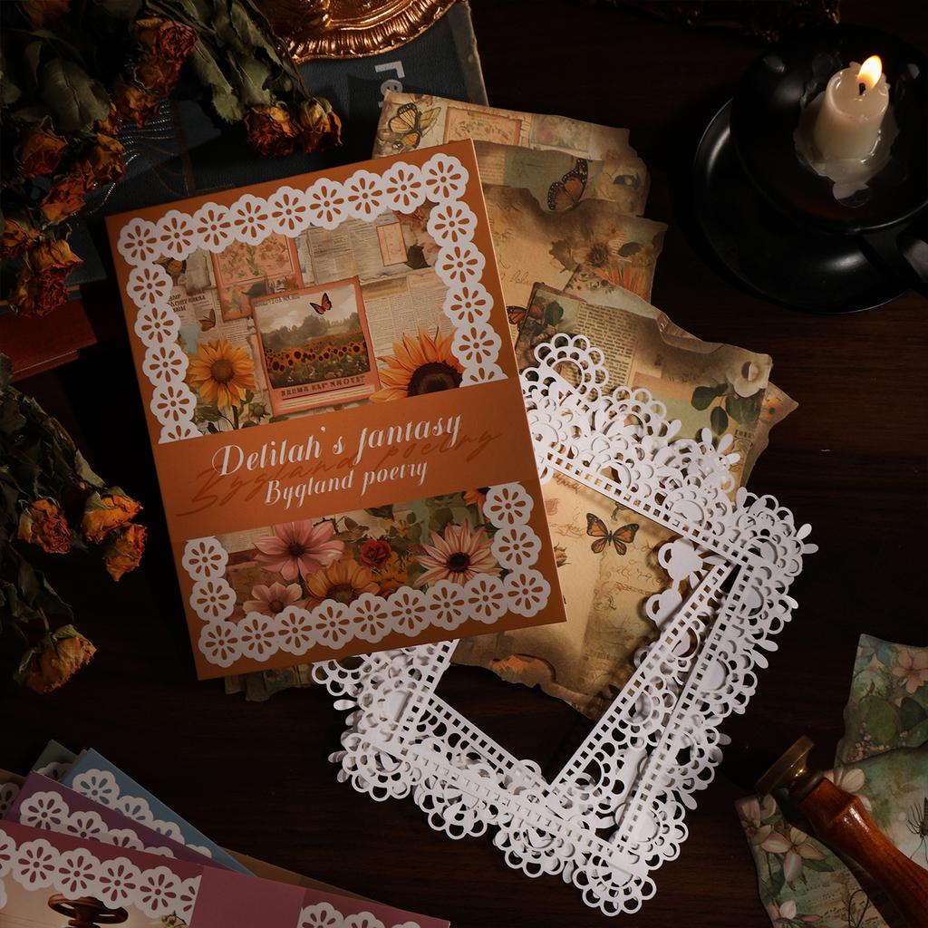JIAMEI 24sheets Fantasy Journal Series Creative Retro Lace Burnt Aesthetic Material Paper DIYScrapbooking Decor Journal Supplies