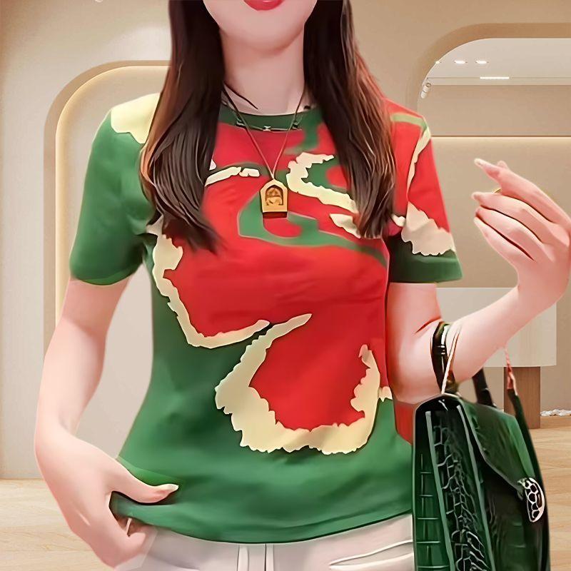 

Summer Fashionable Contrasting Color Printed Round Neck Short-sleeved T-shirt Casual Commuting Versatile L червоний