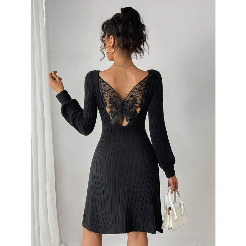 

Fashion Style Fashion French Style Sexy Style Pure Desire Retro Square Collar Long Sleeve Silm Hip Vertical Stripes Knitting Dress Black XS