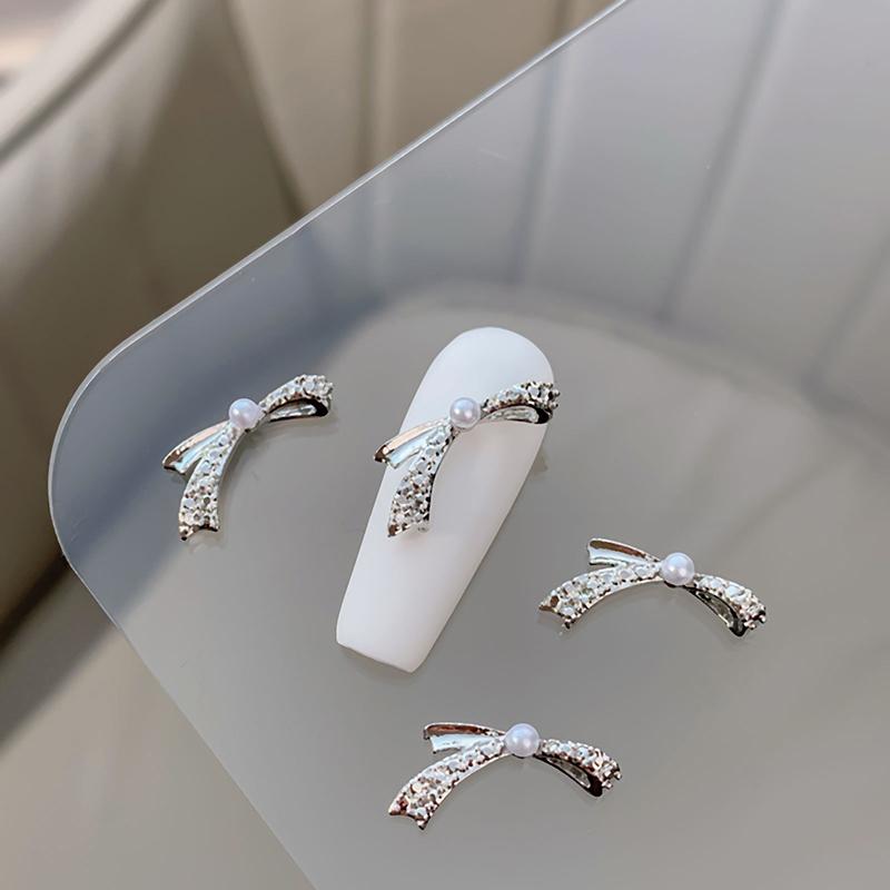 5Pcs Vintage Simple Mini Gold And Silver Bow Pearl Inlaid Bowknot Alloy Nail Art Design  Decorations Manicure Charms