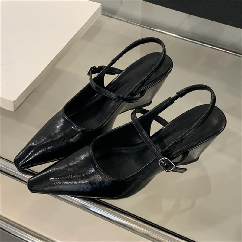 

Street Style Spring Summer Buckle Strap Wedges Heels Women Pumps Elegant Pointed Toe Slingbacks Banquet Mules Shoes 35 чёрный