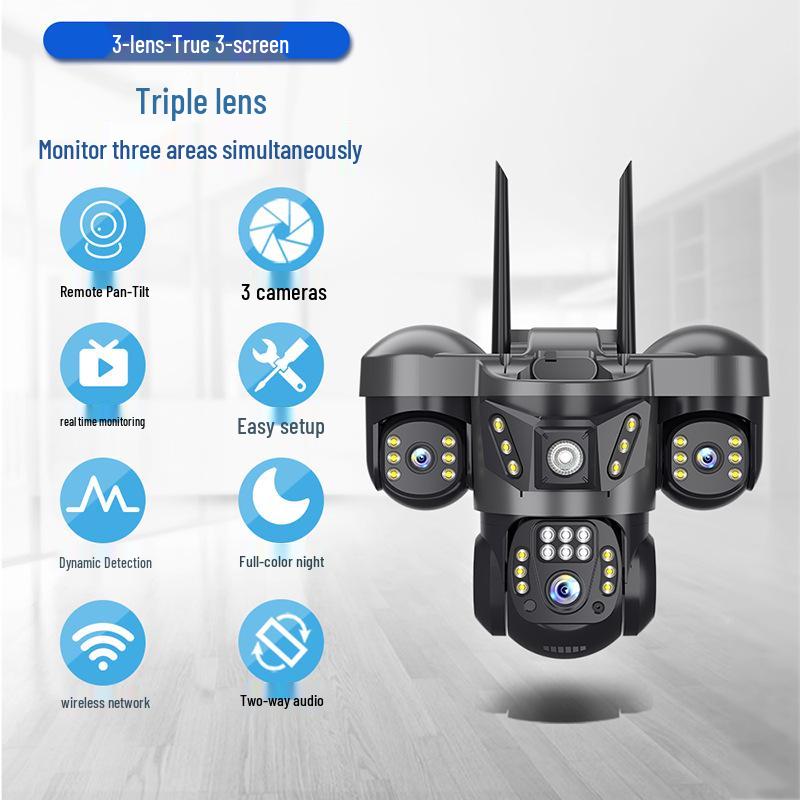 V380 Tri-Lens Home Monitor with Night Vision: 4G WiFi, Triple-Screen Surveillance Camera