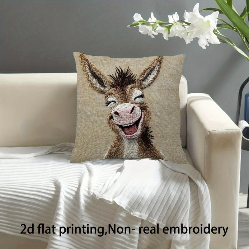 2D flach-Lustige lächelnde Donker Leinen Kissenbezug, Niedlicher Bauernhof Tier Dekorativer Kissenbezug für Sofa Schlafzimmer Wohnzimmer