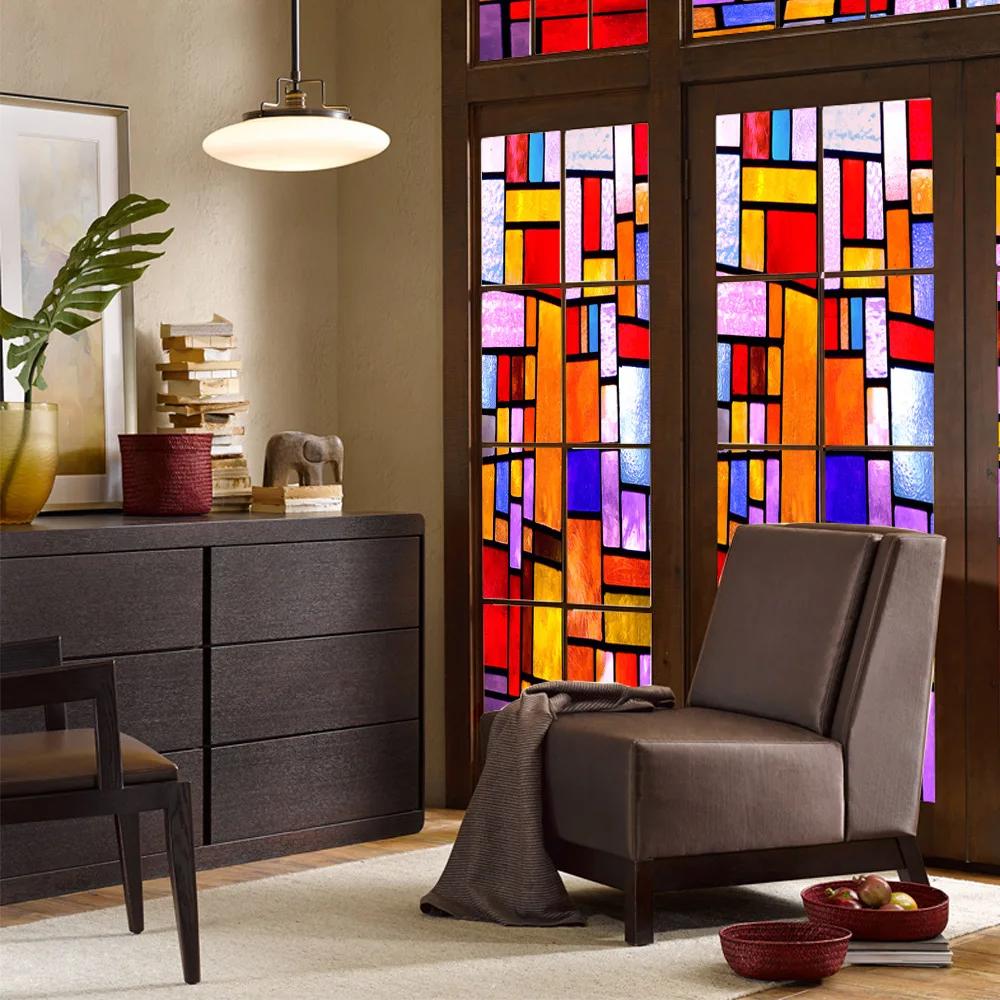 Colorful Stained Glass Window Film Retro Flowers Pattern Non-adhesive Window Decals Static Clings Non-Adhesive Window Stickers