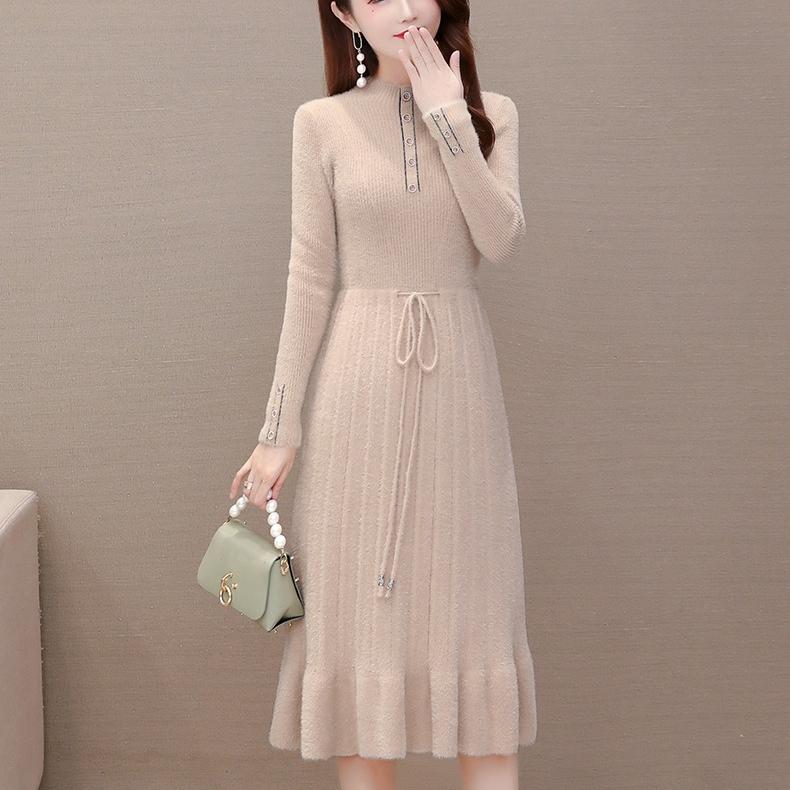Women's Mink-proof Knitted Dress Loose Solid Color Mid-length Sweater Dress Knee-length Fishtail Dress for Autumn and Winter