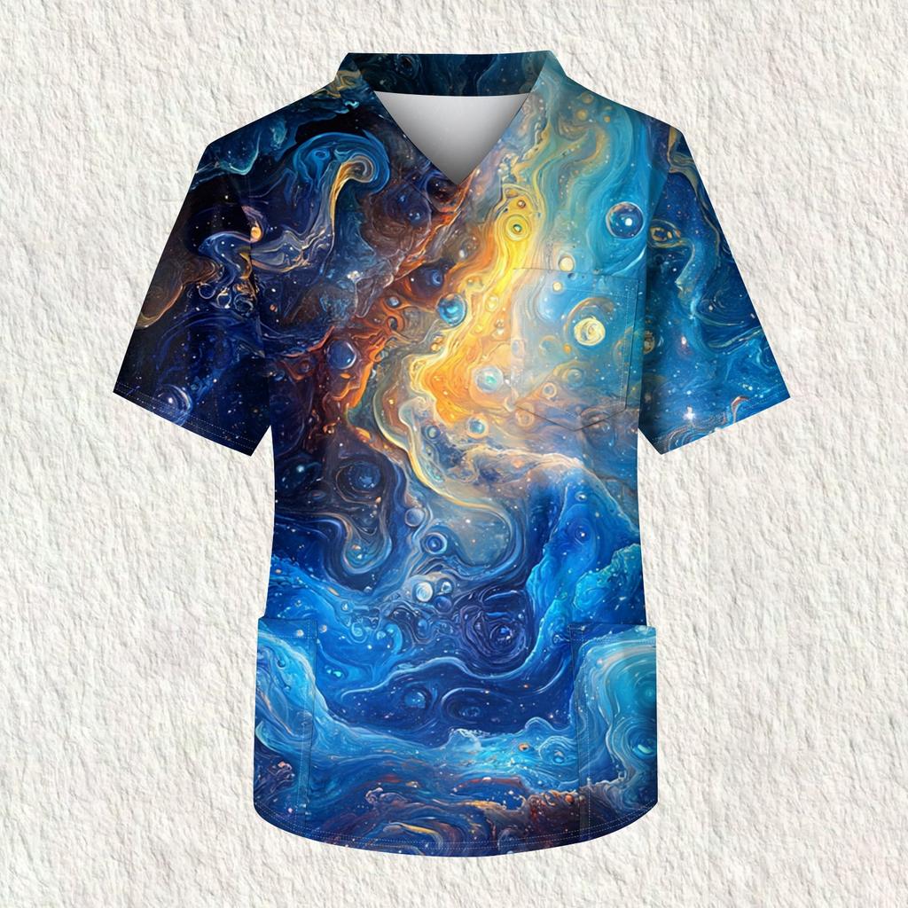 Men's Printing Short Sleeve V-neck Working Blouse Chest Pocket Carer Top