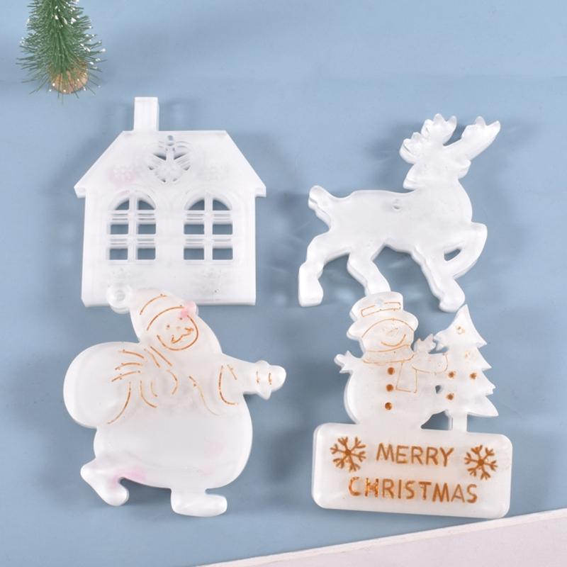 Hanging Ornaments Crystal Epoxy Resin Mold DIY Christmas Pendants Silicone Mould Santa Claus Elk Xmas House Casting Mold