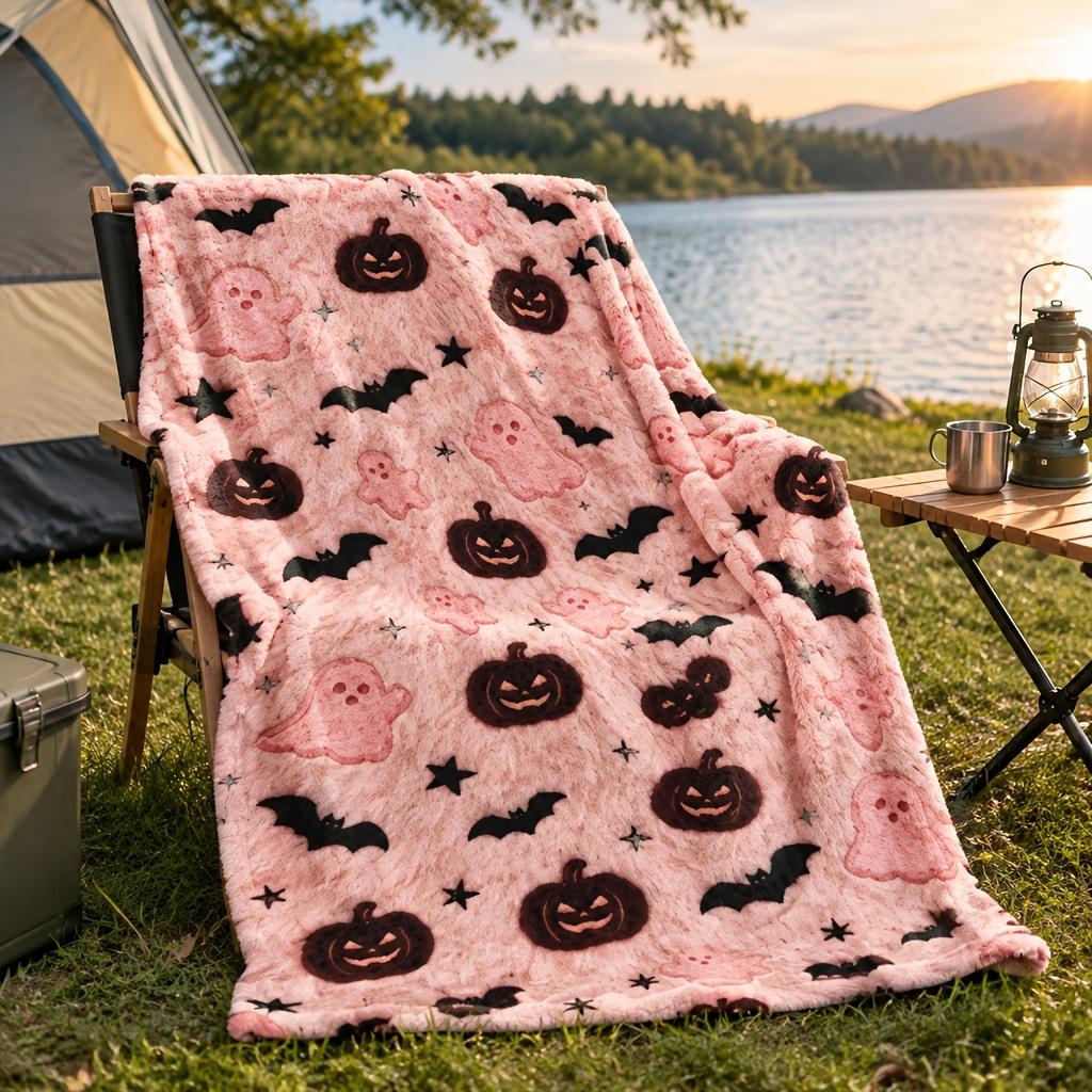 Outdoor Blanket - 1 Flannel Blanket with 2D Flat Light Pink Plush Bottom, Featuring All-Over Halloween Cartoon Prints of Bats, Pumpkins, Ghosts, Heart