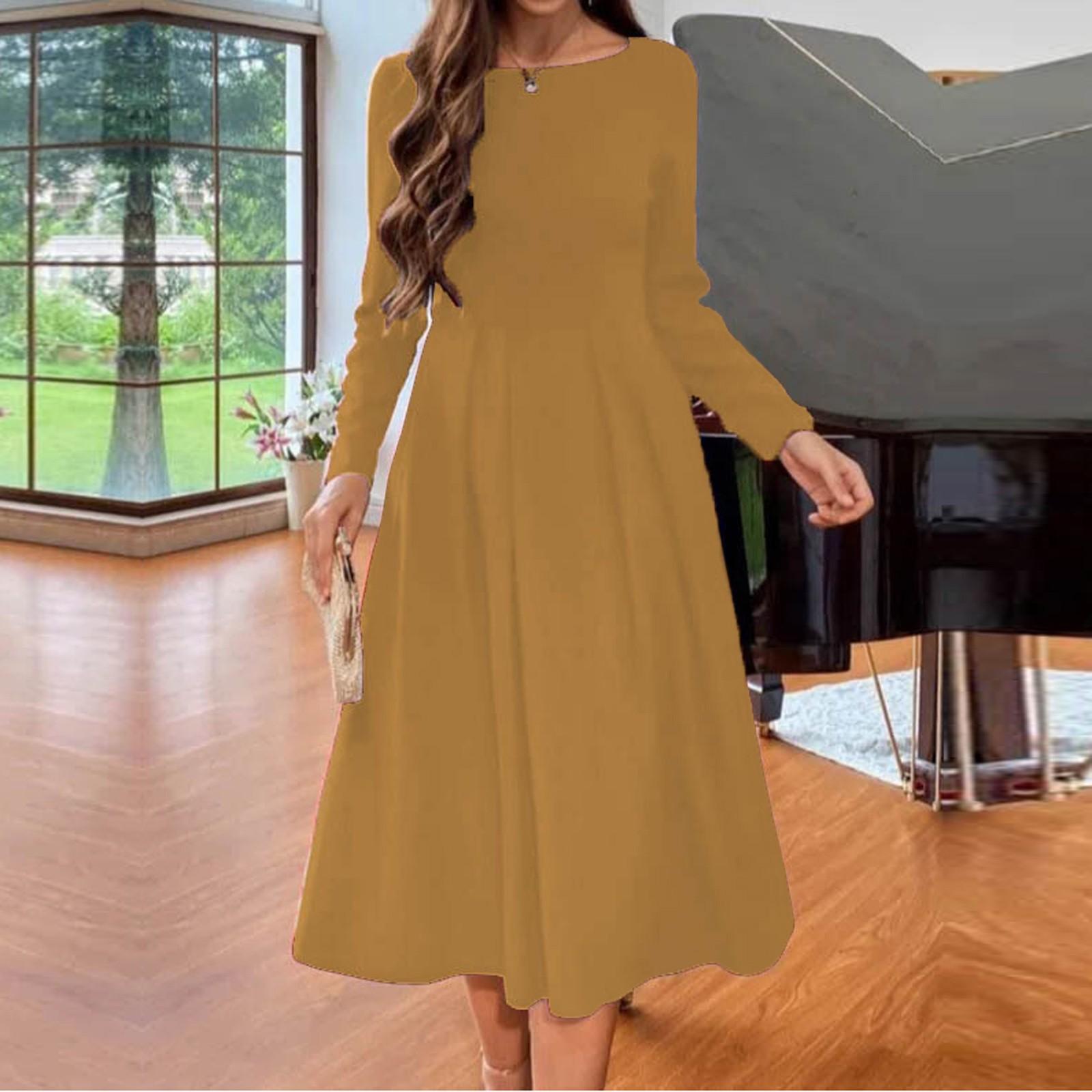 

Ladies Long Sleeve O-Neck Dress Color Casual Slim FIt Women s Dress For Women L жёлтый
