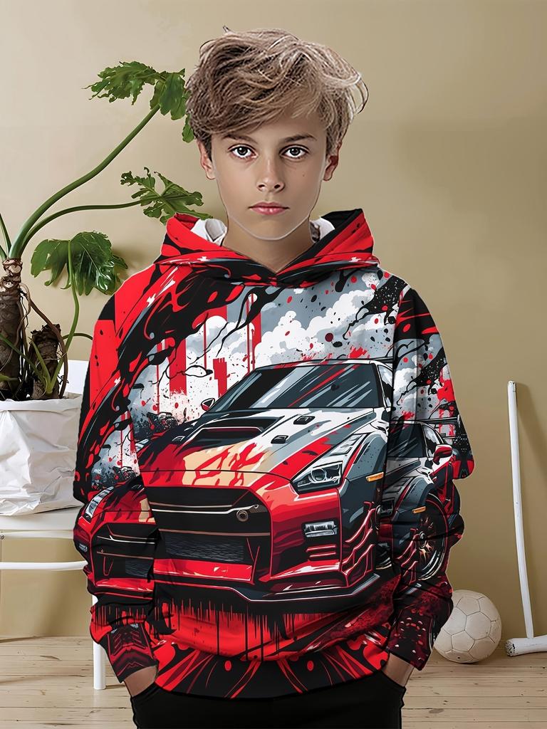 Boys' Casual Hoodie, Cool Car Print - Perfect Choice for Long Sleeves In Spring and Autumn, Loose Fit