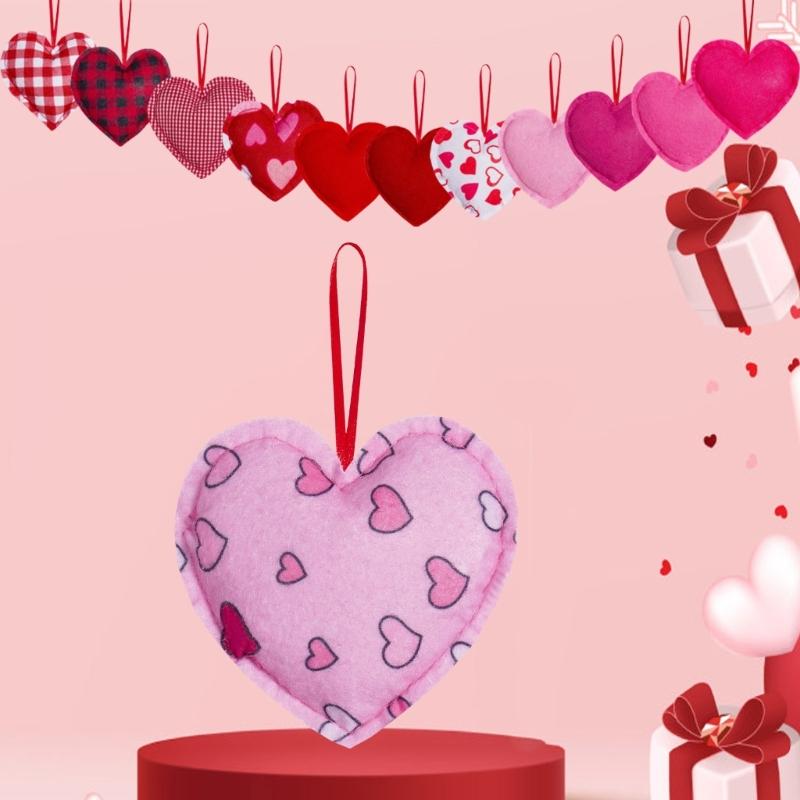 Pack of 12 Plaids Check Fabric Heart Shape Hanging Ornaments Pendants for Valentines Day Wedding Decors Party Supplies