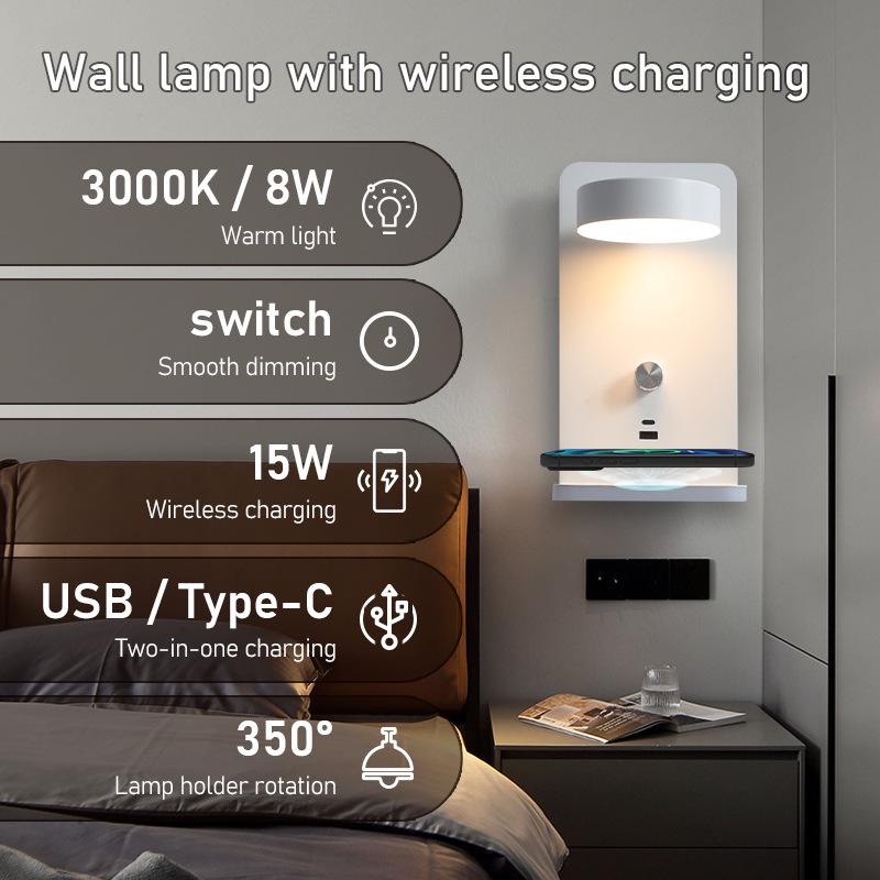 LED Wall Lamp with Wireless and USB Dual Charging Ports for Bedroom and Hotel Reading