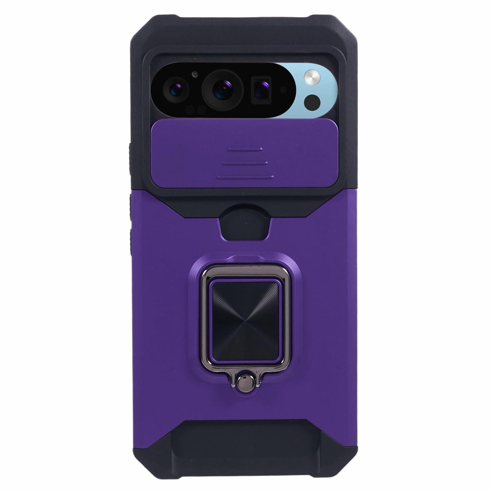 

For Google Pixel 9 Pro XL Kickstand Case Slide Lens Lid PC+TPU Phone Cover with Card Holder Purple