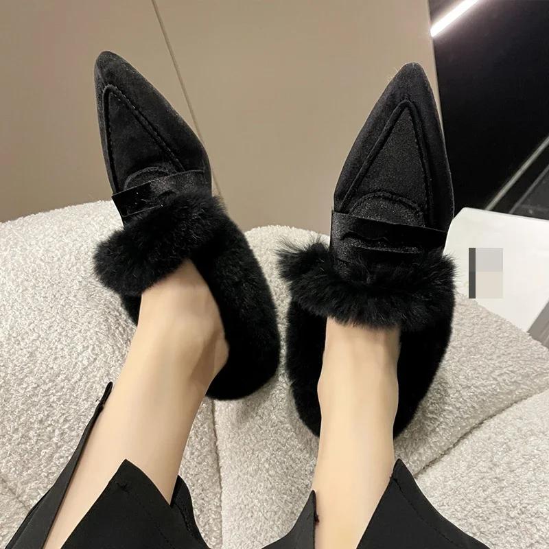 Sexy Pelz Spitzschuh Damen Slipper Schuhe Mittelhohe Absätze Stiefel 2025 Trend Chelsea Winter Warm Plüsch Veloursleder Büro Pumps Pelz Botas Mujer