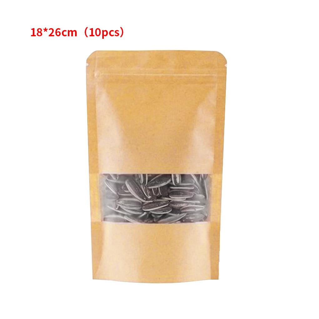 10pcs Kraft Paper Bags Zip Lock Brown With Window Stand Up Resealable Grip