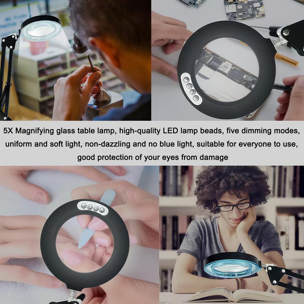 Professional 5X Magnifier Lamp with LED Light, 5 Color Modes & Dimmer, USB Powered, Adjustable Metal Arm & Clamp for Precision W