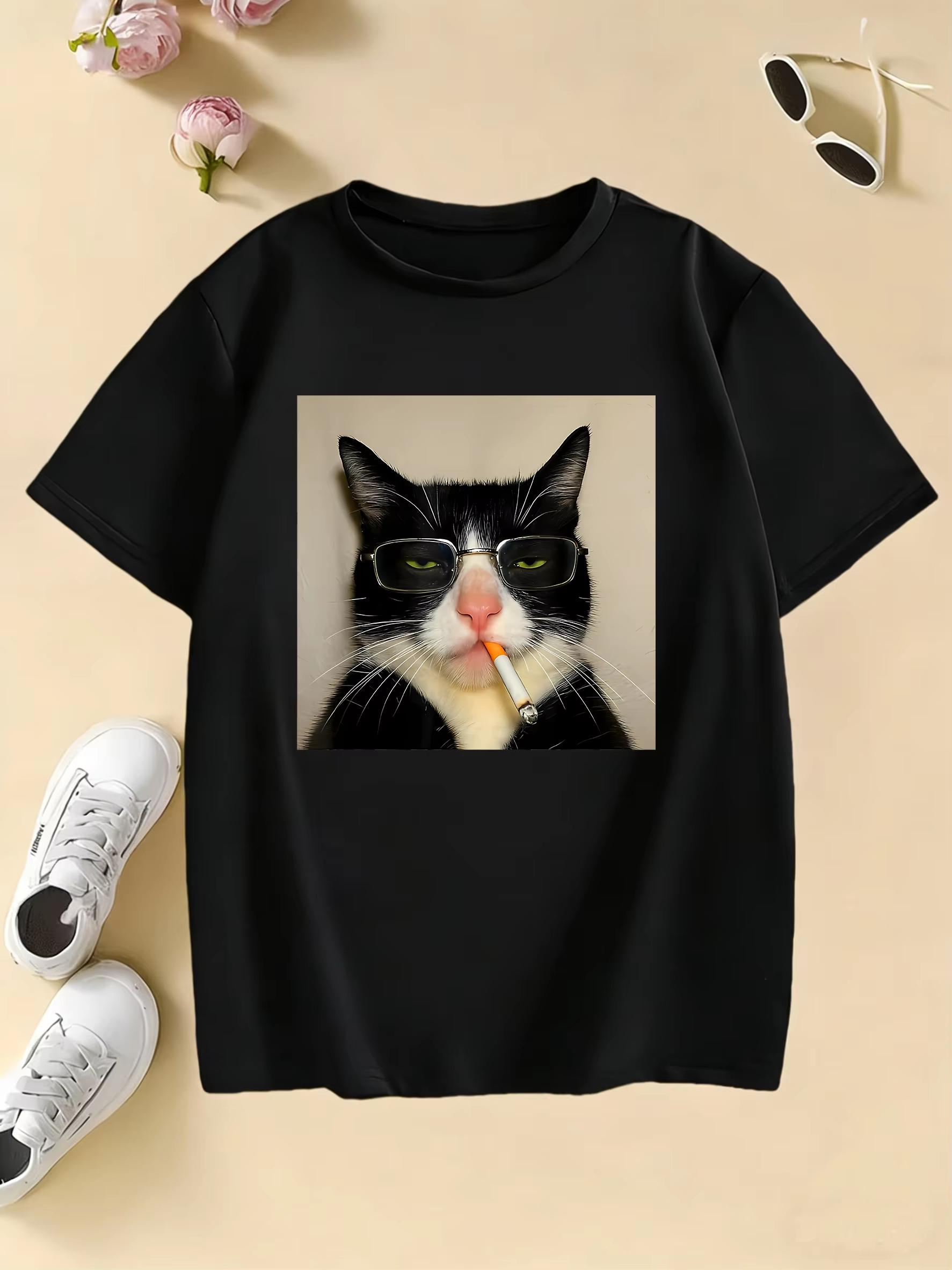 

Fashion Retro Vintage Smoking Cat Design Print T Shirts pure cotton Unisex WomenTshirt Casual 2026 Summer Spring Casual Top Tee L