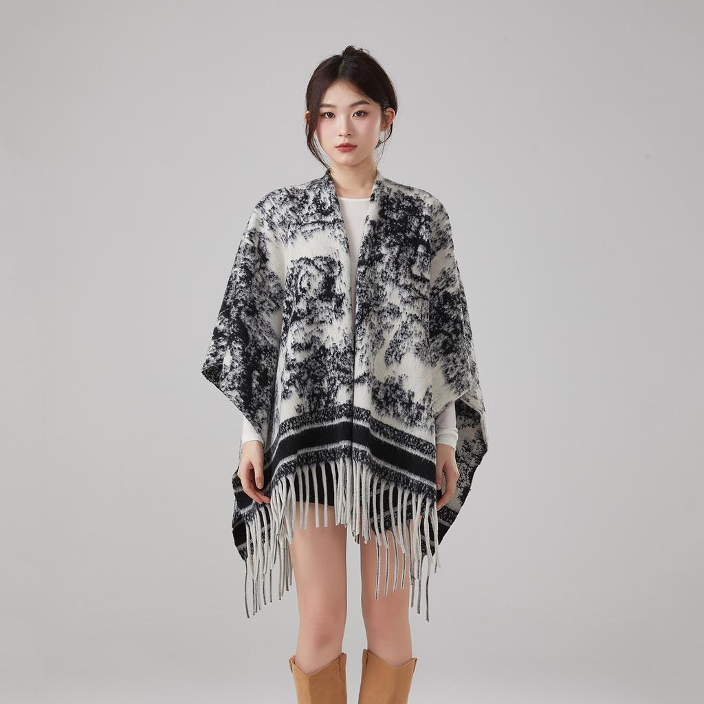 Ethnic Style Shawl Women Keep Warm In Autumn and Winter with Long Retro Ink Painting Cape Tassel Travel Wearing Cape Women